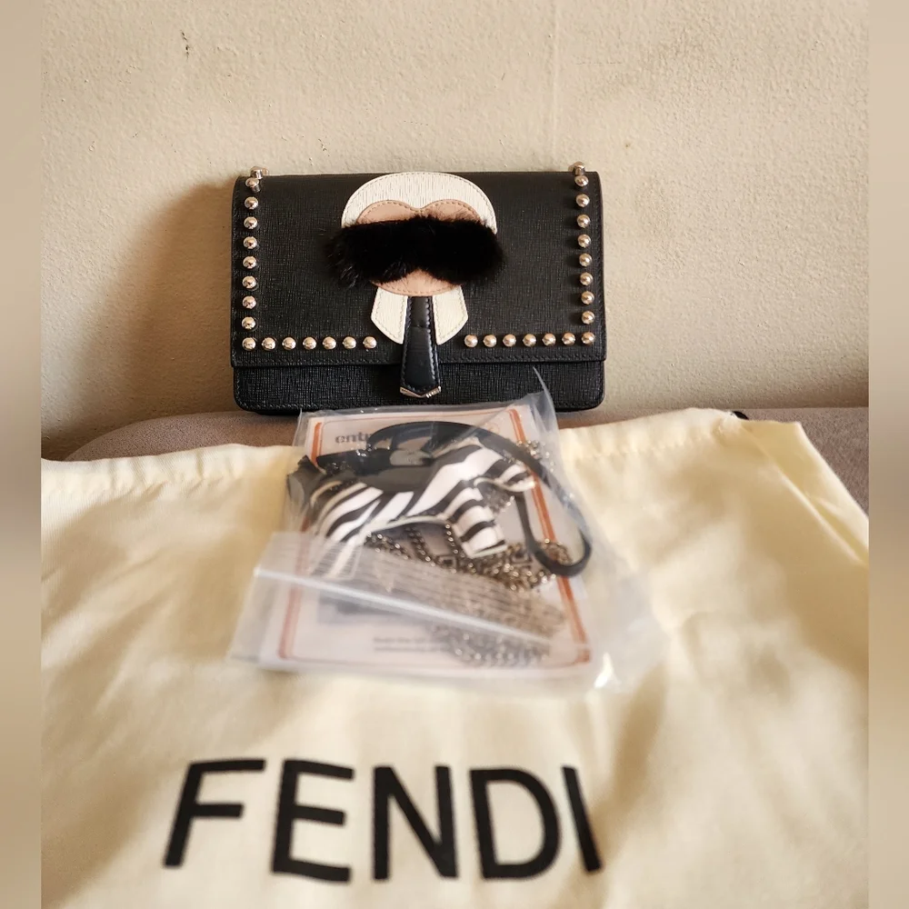FENDI Authentic Leather Karlito Studs Shoulder Bag Limited Edition Black W/COA - Picture 2 of 12